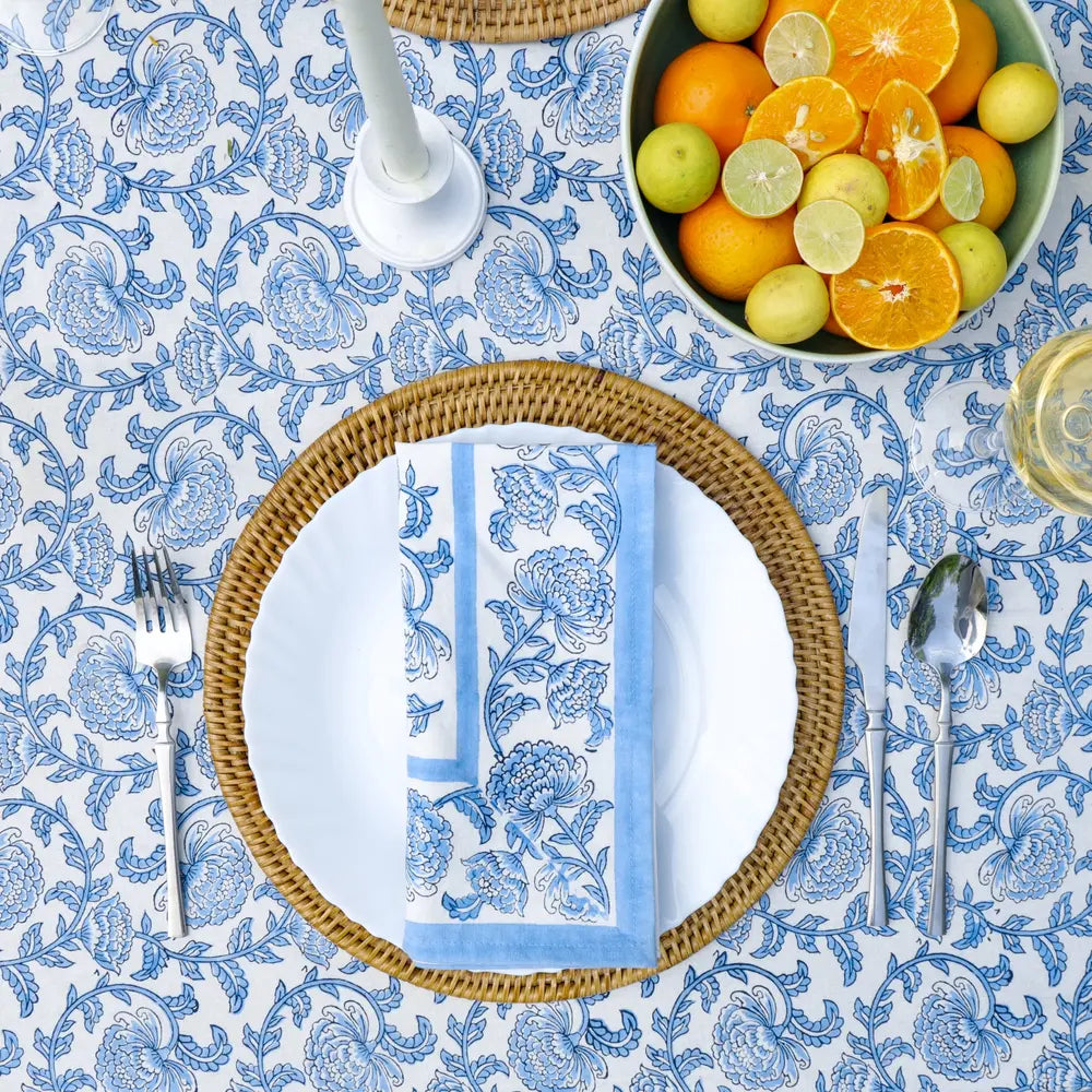 Provence Vine Cornflower Blue block print tablecloth hand printed in India