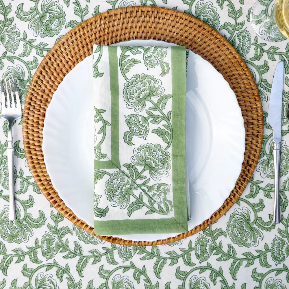 Provence Vine Green block print napkins set of 4 hand printed in India