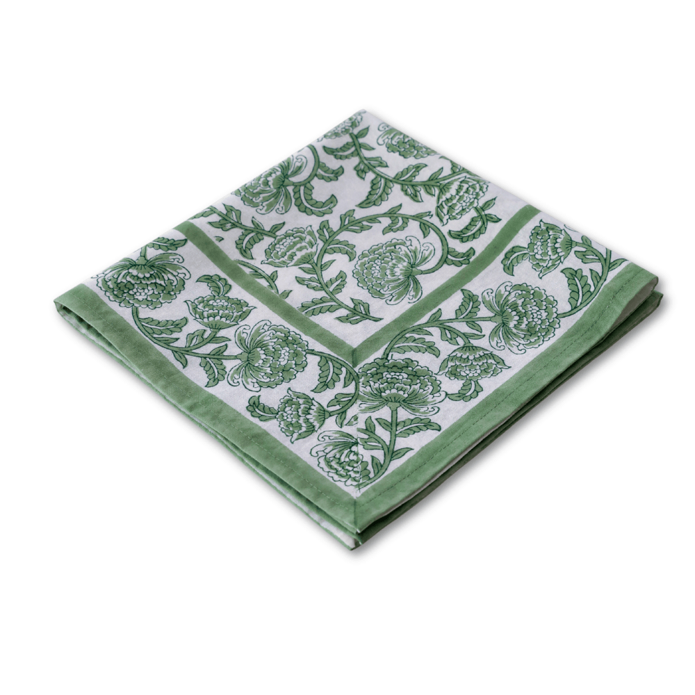 Provence Vine Green block print napkins set of 4 hand printed in India
