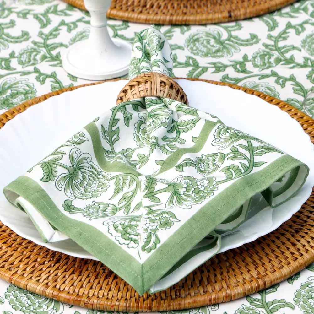 Provence Vine Green block print napkins set of 4 hand printed in India