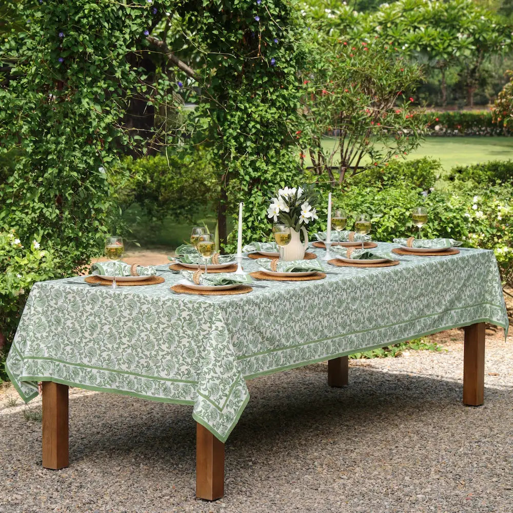 Provence Vine Green block print tablecloth hand printed in India