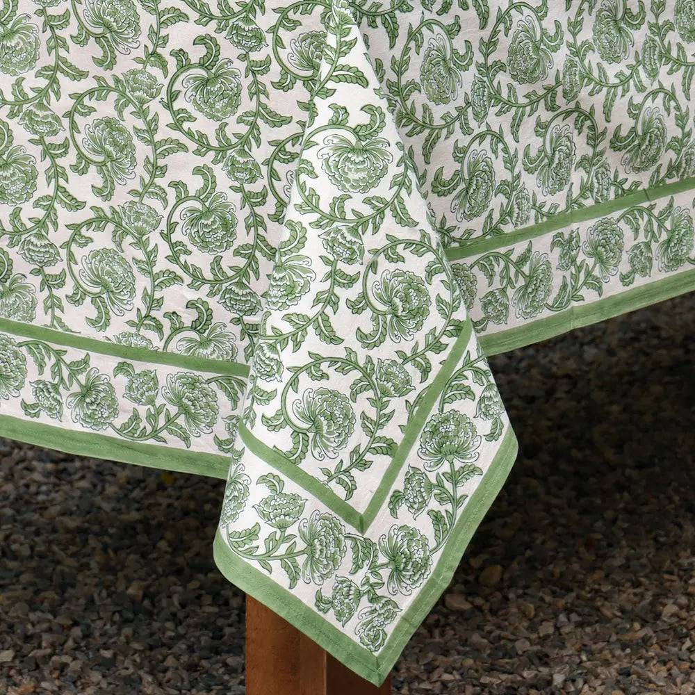 Close-up of Provence Vine Green block print tablecloth cotton border