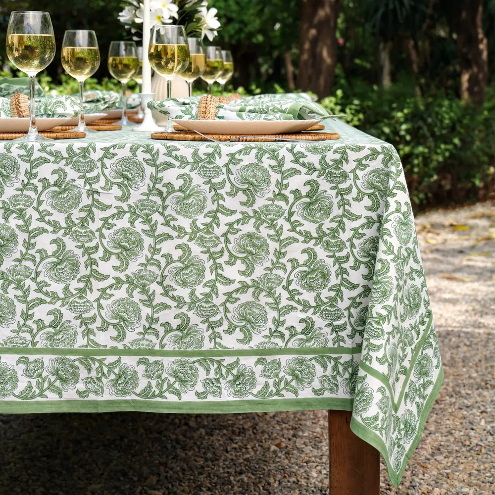Provence Vine Green block print tablecloth hand printed in India
