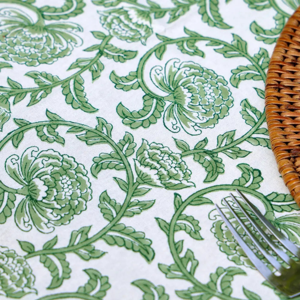 Provence Vine Green block print tablecloth hand printed in India