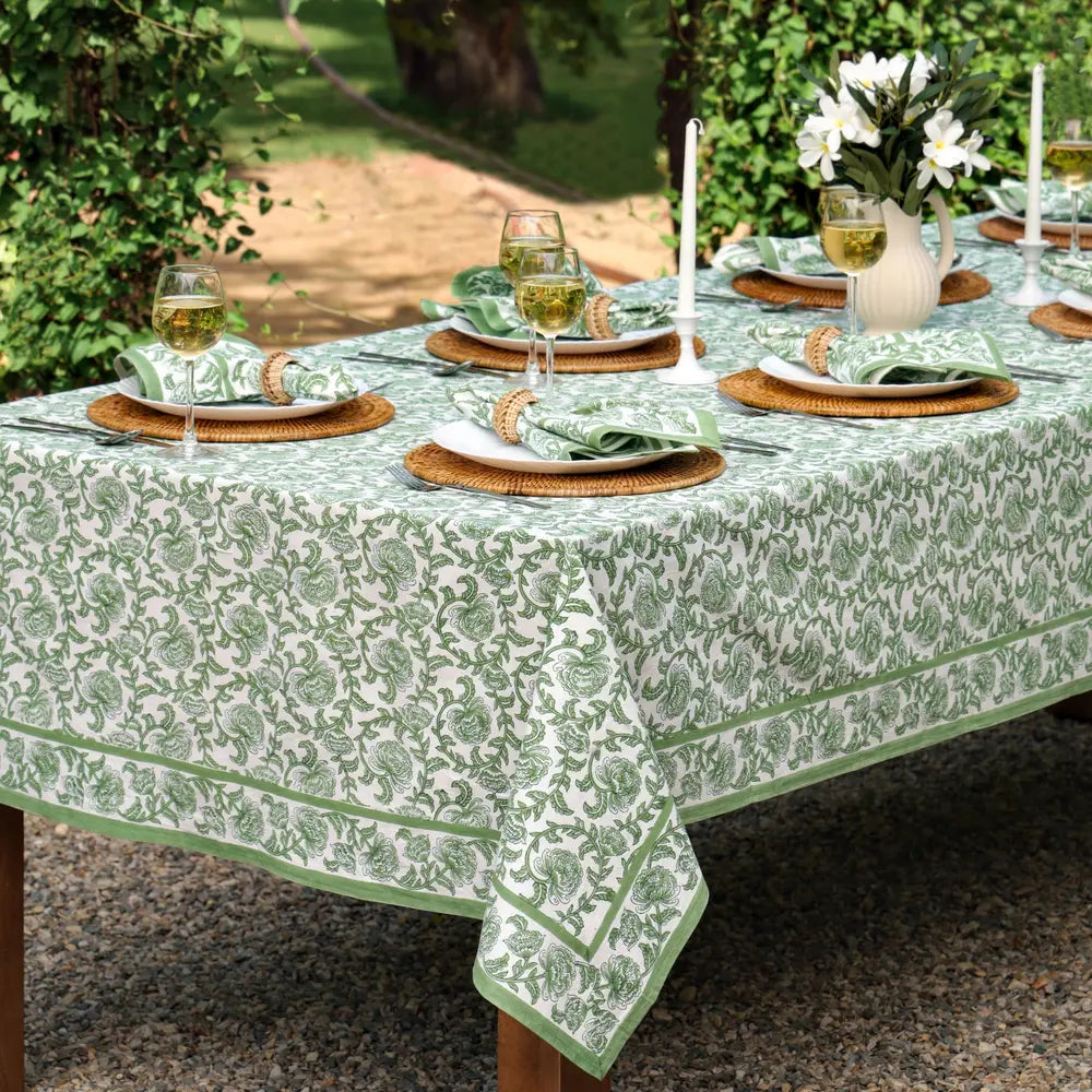Provence Vine Green block print tablecloth hand printed in India