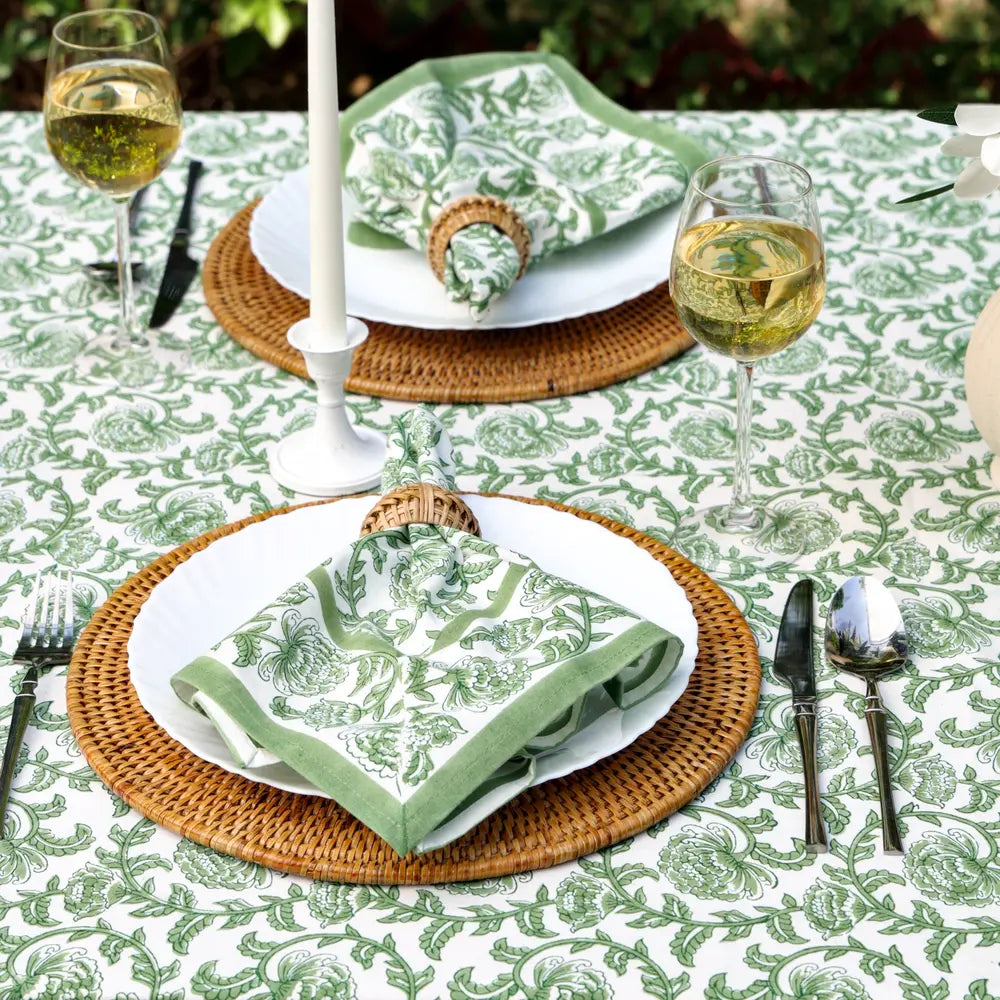 Provence Vine Green block print tablecloth hand printed in India