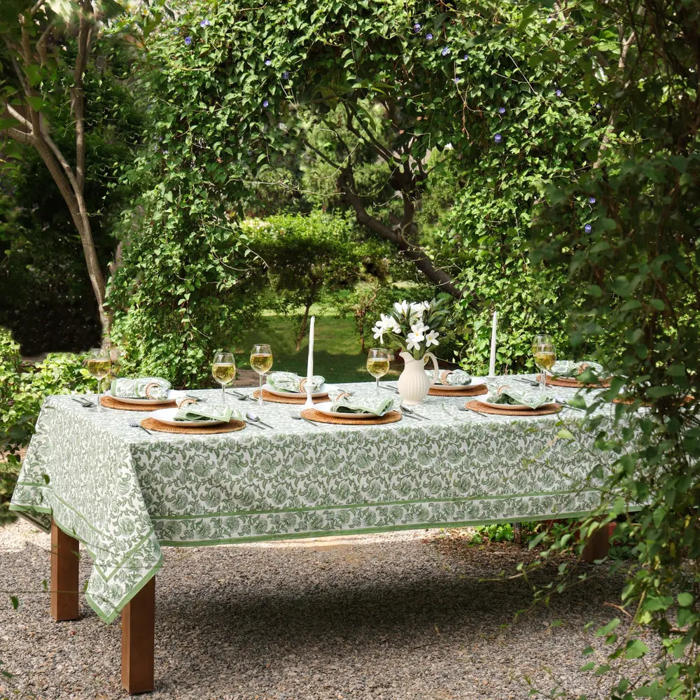 Provence Vine Green block print tablecloth hand printed in India