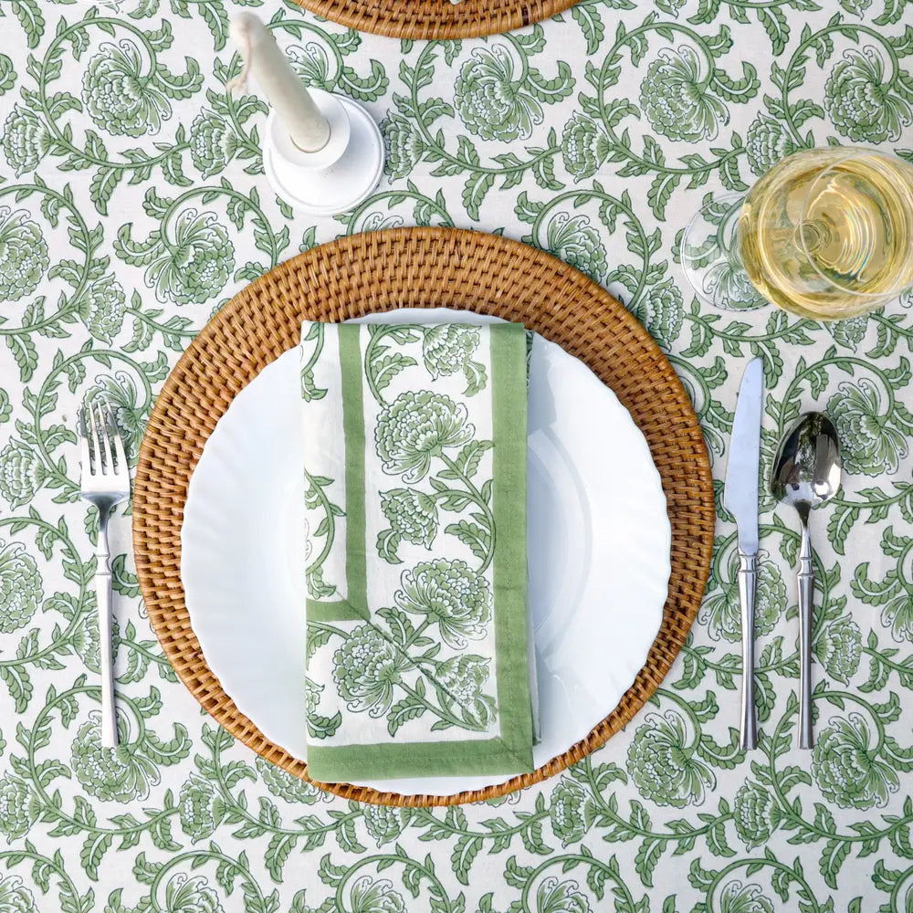 Provence Vine Green block print tablecloth hand printed in India