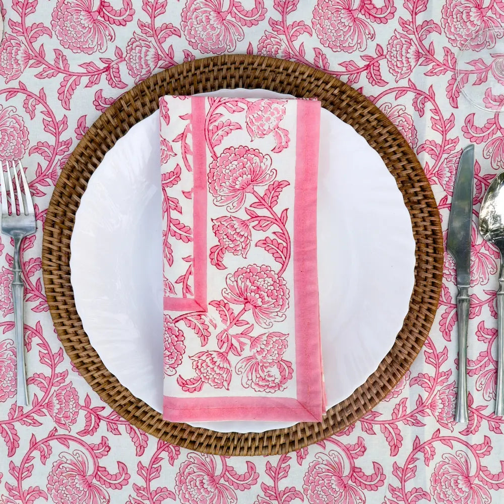 Provence Vine Pink block print napkins set of 4 hand printed in India
