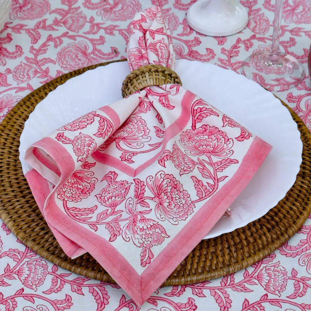 Provence Vine Pink block print napkins set of 4 hand printed in India