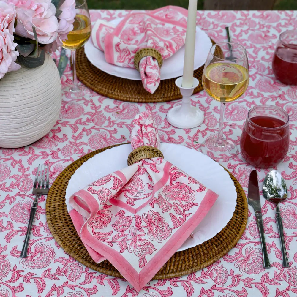Provence Vine Pink block print napkins set of 4 hand printed in India