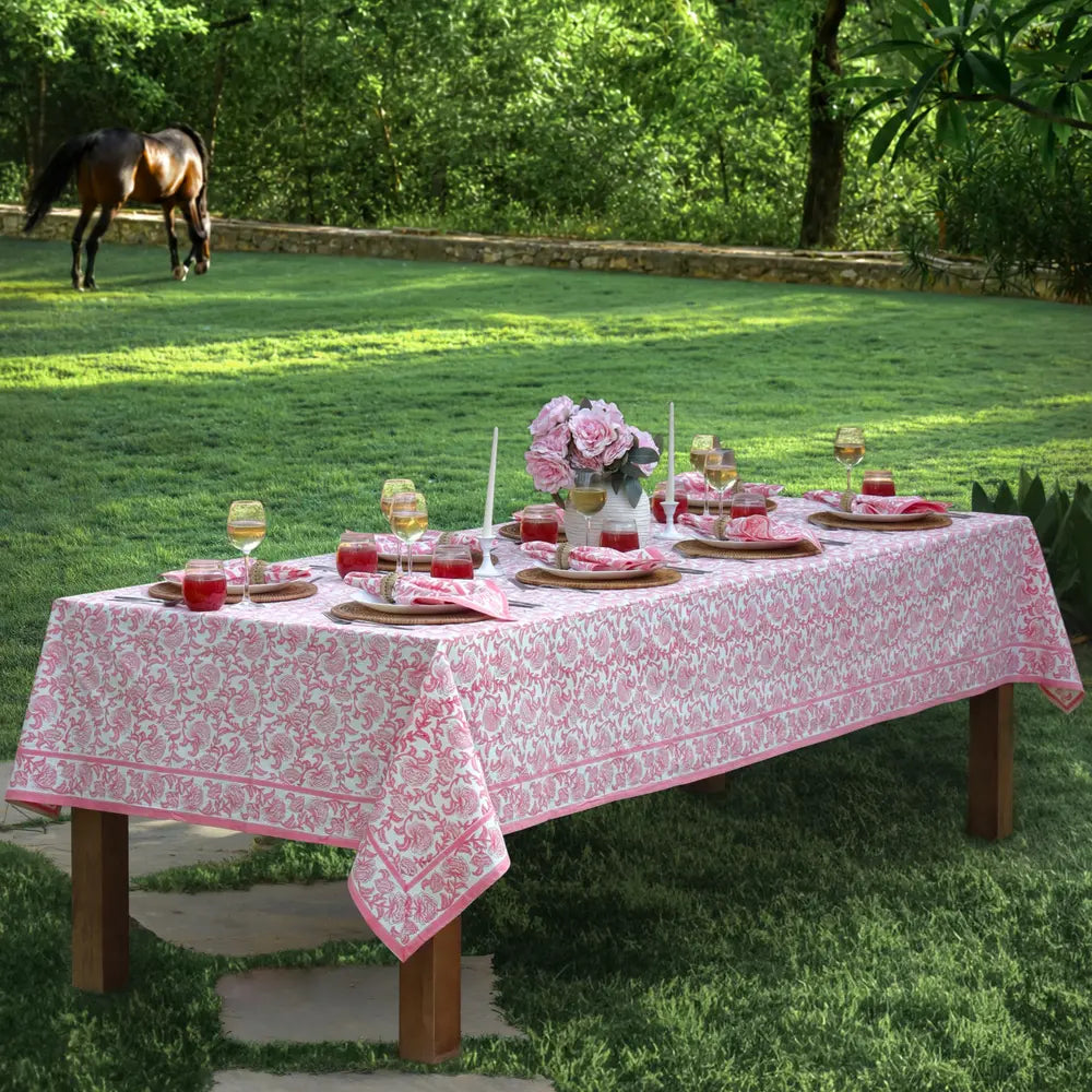 Provence Vine Pink block print tablecloth hand printed in India