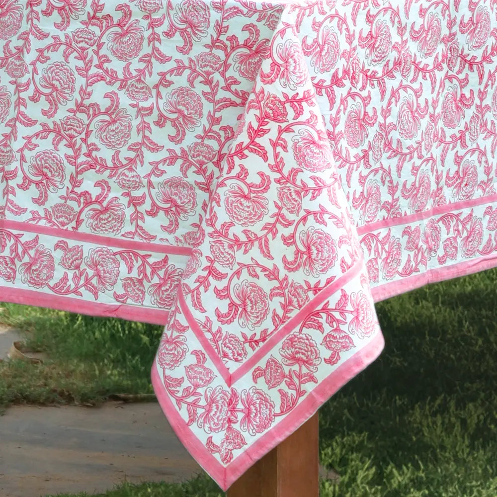 Close-up of Provence Vine Pink block print tablecloth cotton border