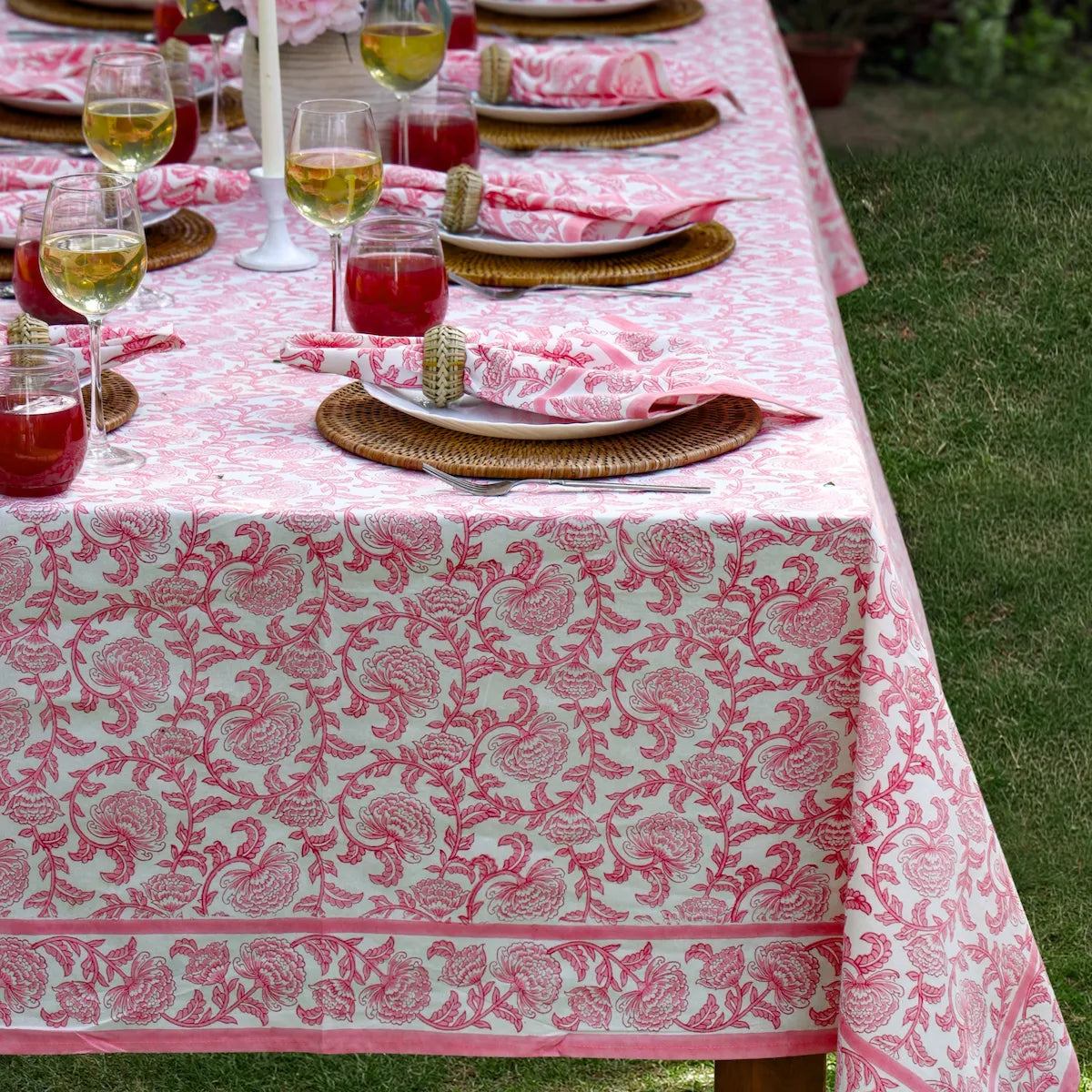 Provence Vine Pink block print tablecloth hand printed in India