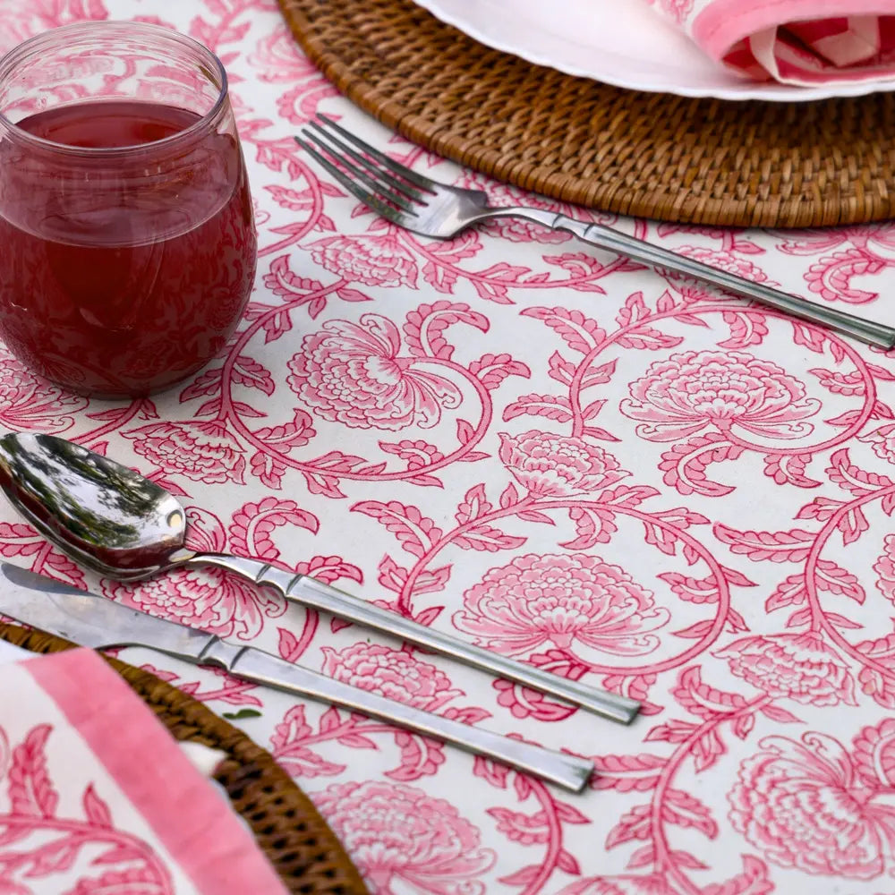 Provence Vine Pink block print tablecloth hand printed in India