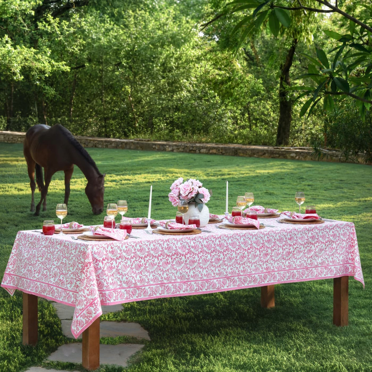 Provence Vine Pink block print tablecloth hand printed in India