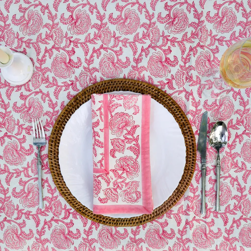 Provence Vine Pink block print tablecloth hand printed in India