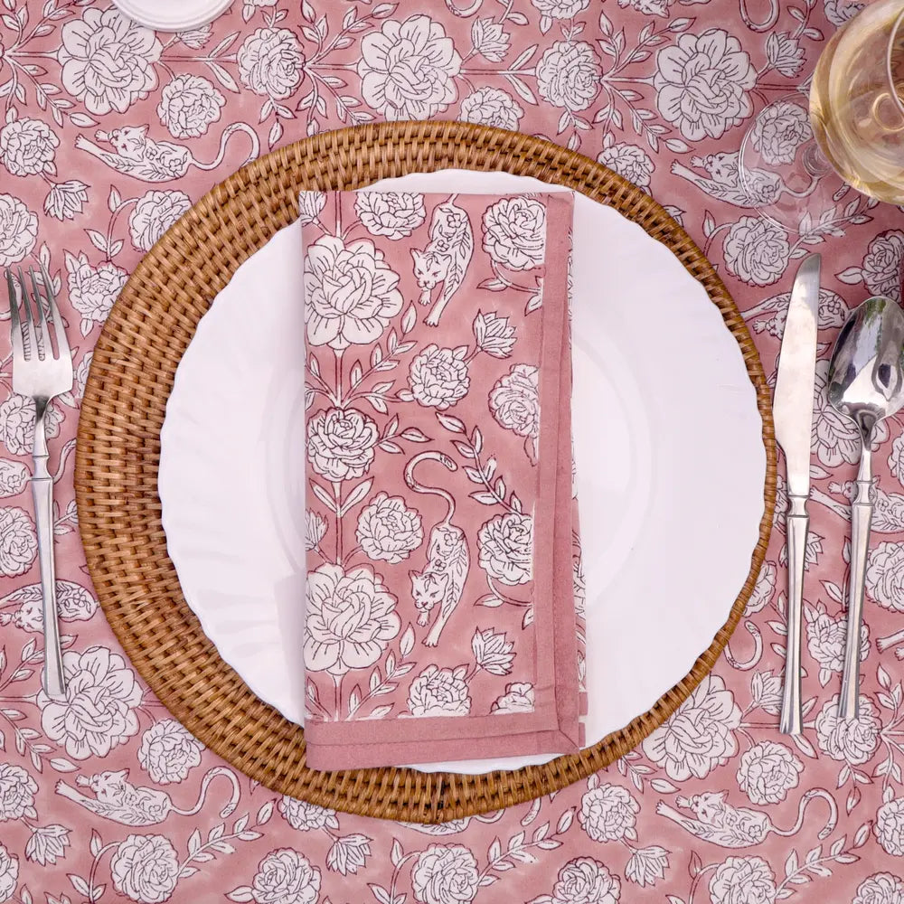 Wild Garden Antique Rose block print napkins set of 4 hand printed in India