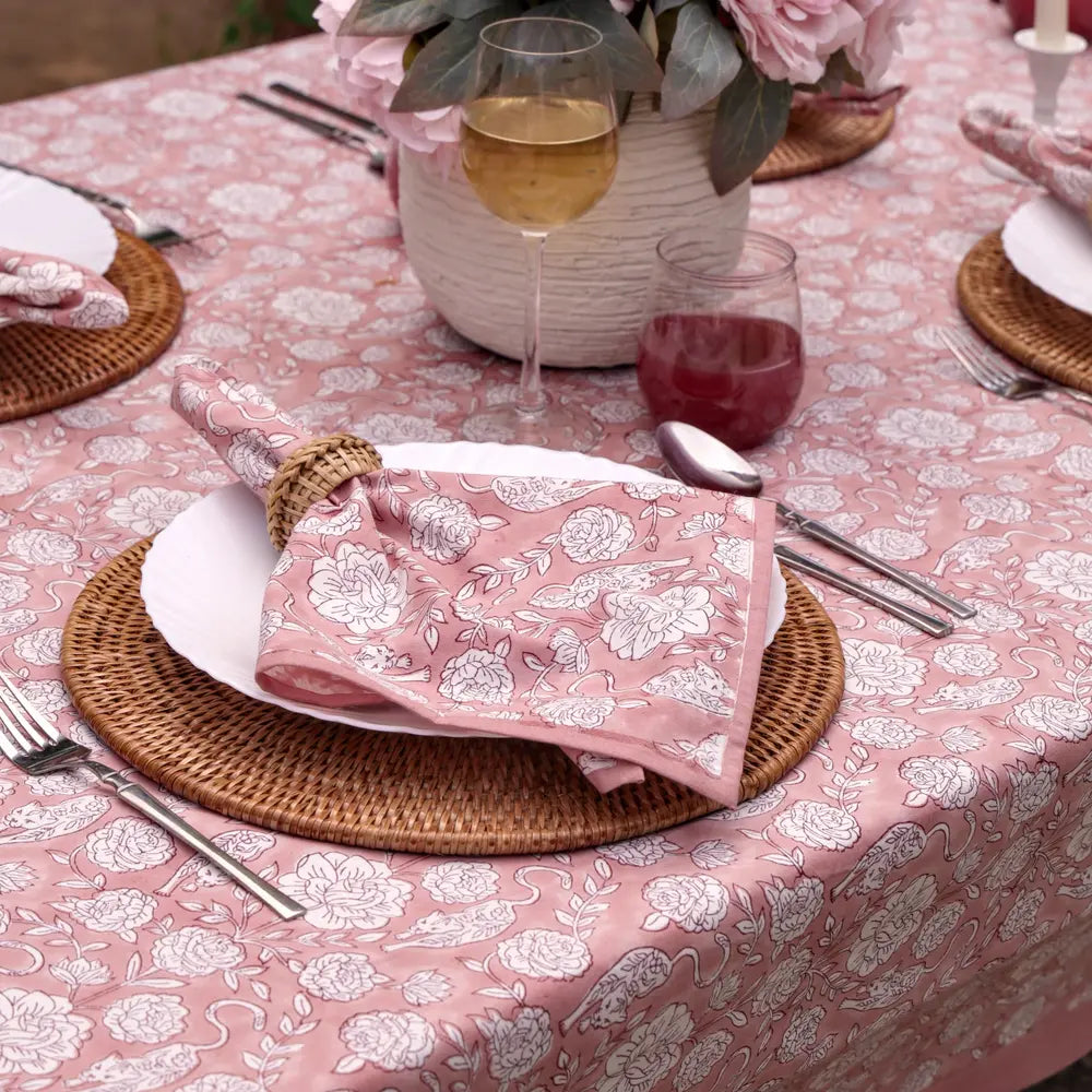 Wild Garden Antique Rose block print napkins set of 4 hand printed in India