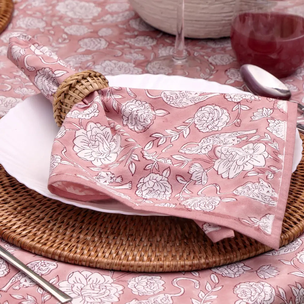 Wild Garden Antique Rose block print napkins set of 4 hand printed in India