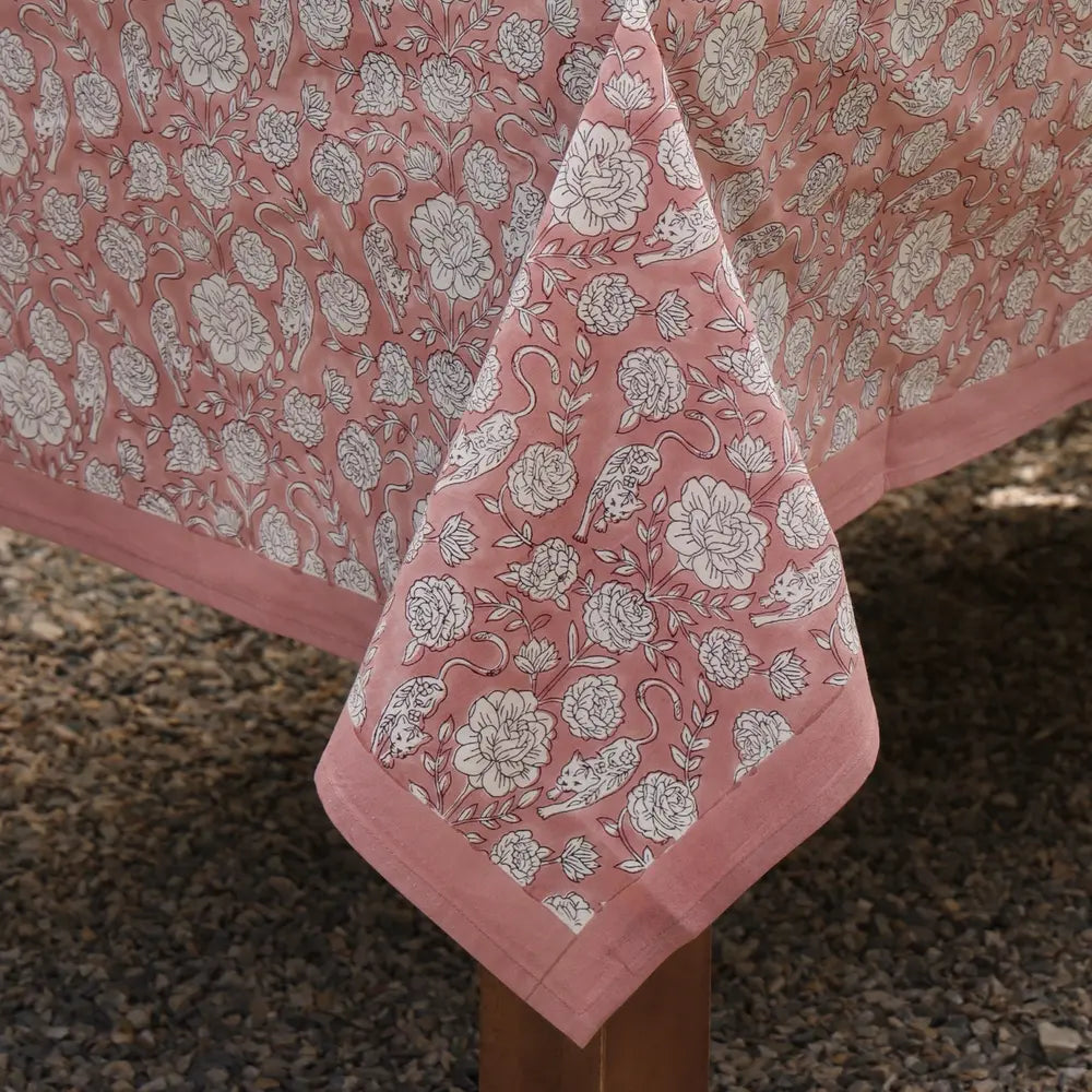 Close-up of Wild Garden Antique Rose block print tablecloth cotton border