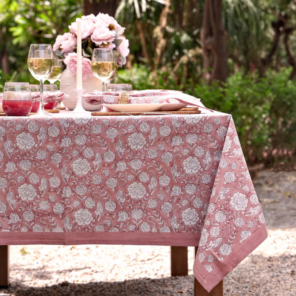 Wild Garden Antique Rose block print tablecloth hand printed in India