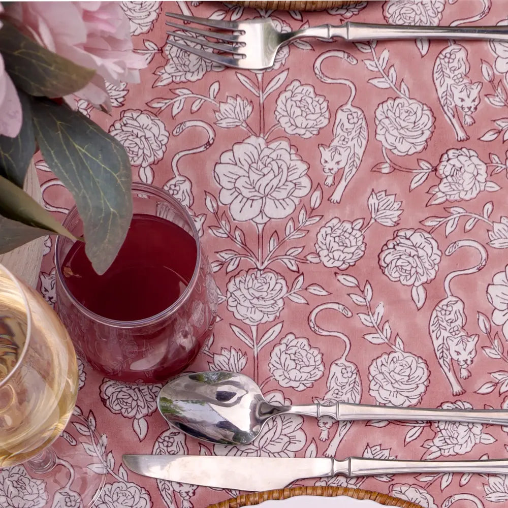 Wild Garden Antique Rose block print tablecloth hand printed in India