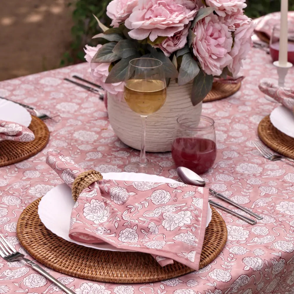 Wild Garden Antique Rose block print tablecloth hand printed in India