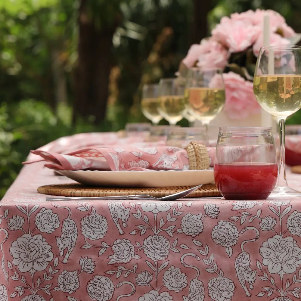 Wild Garden Antique Rose block print tablecloth hand printed in India