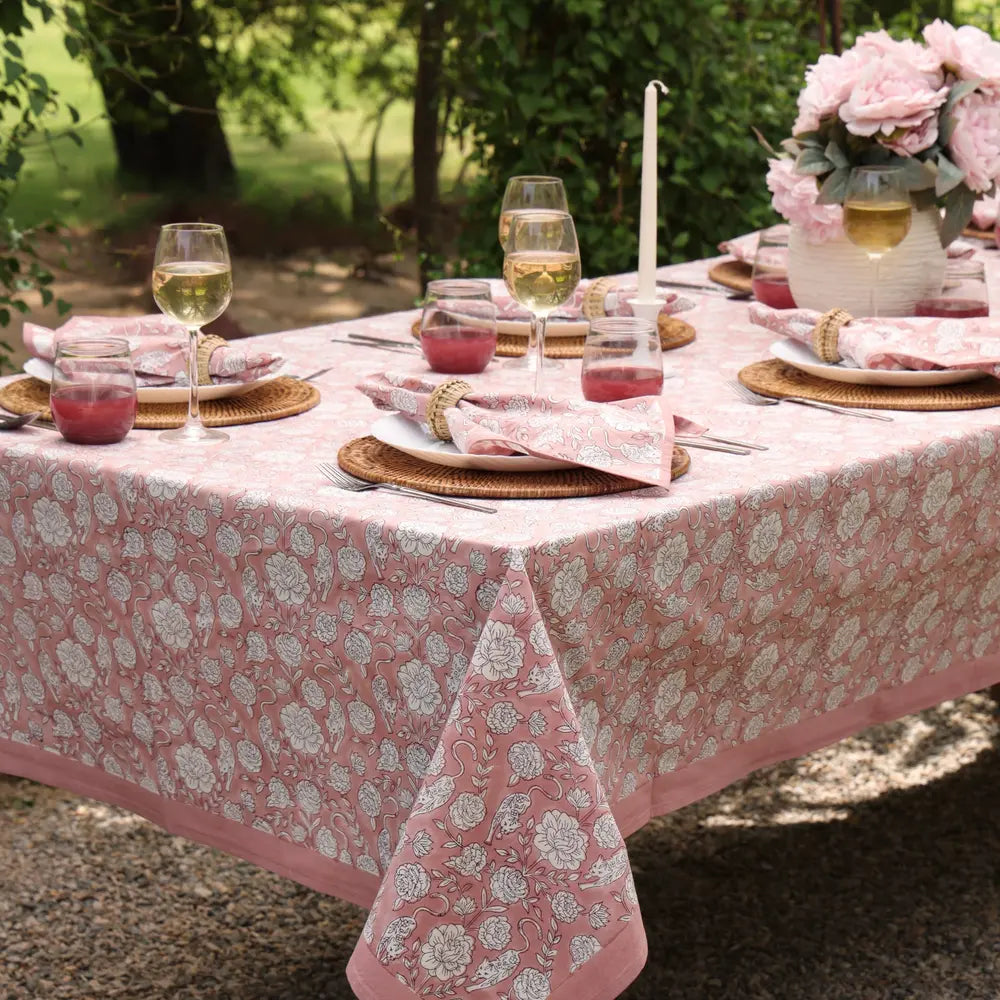 Wild Garden Antique Rose block print tablecloth hand printed in India
