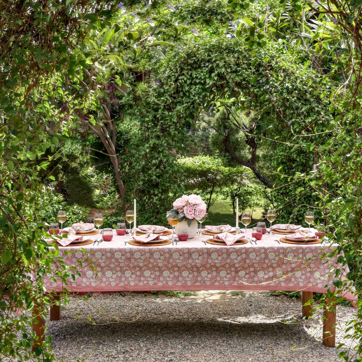 Wild Garden Antique Rose block print tablecloth hand printed in India
