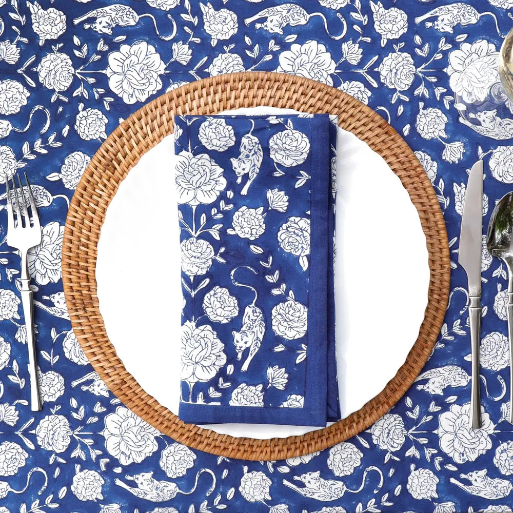 Wild Garden Navy block print napkins set of 4 hand printed in India