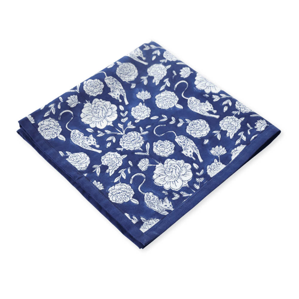Wild Garden Navy block print napkins set of 4 hand printed in India