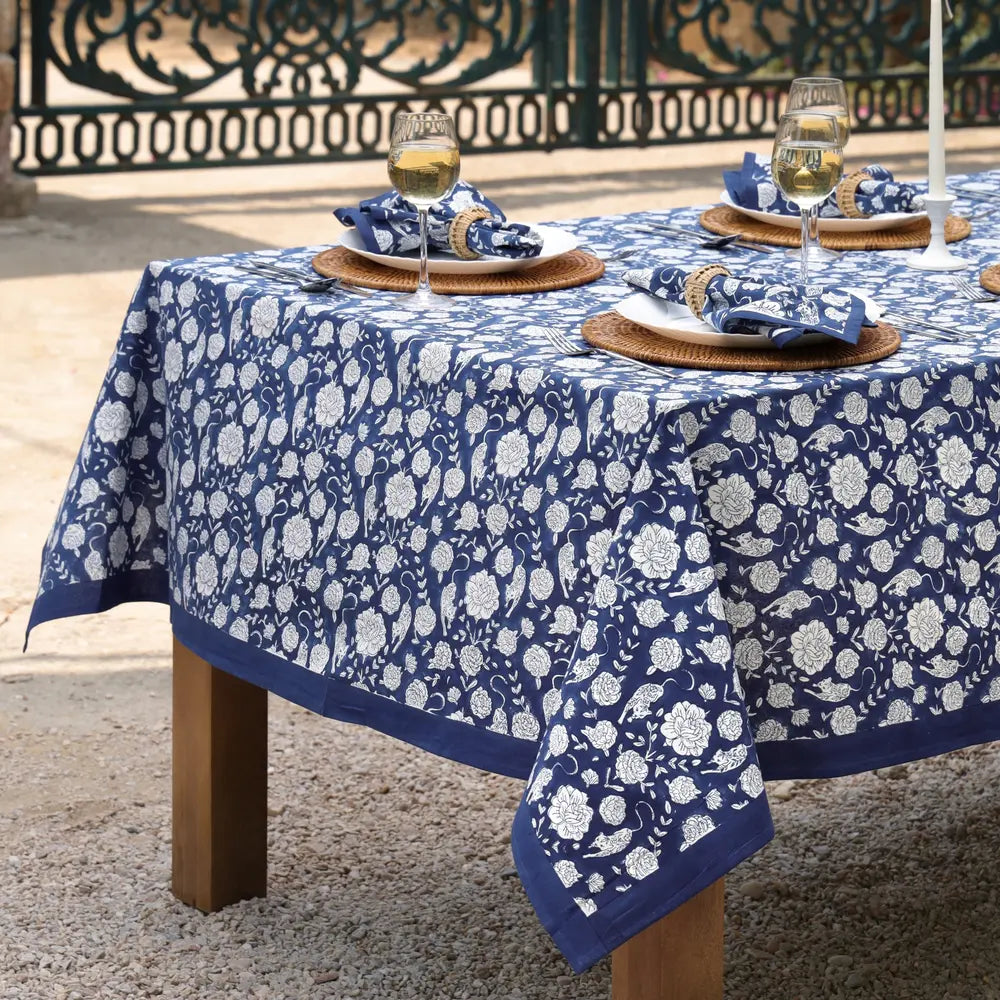 Wild Garden Navy block print napkins set of 4 hand printed in India