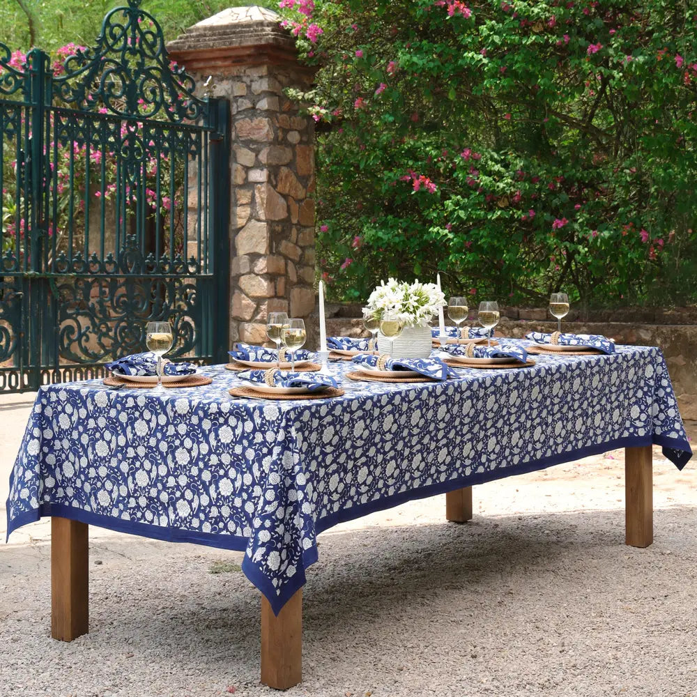 Wild Garden Navy block print tablecloth hand printed in India