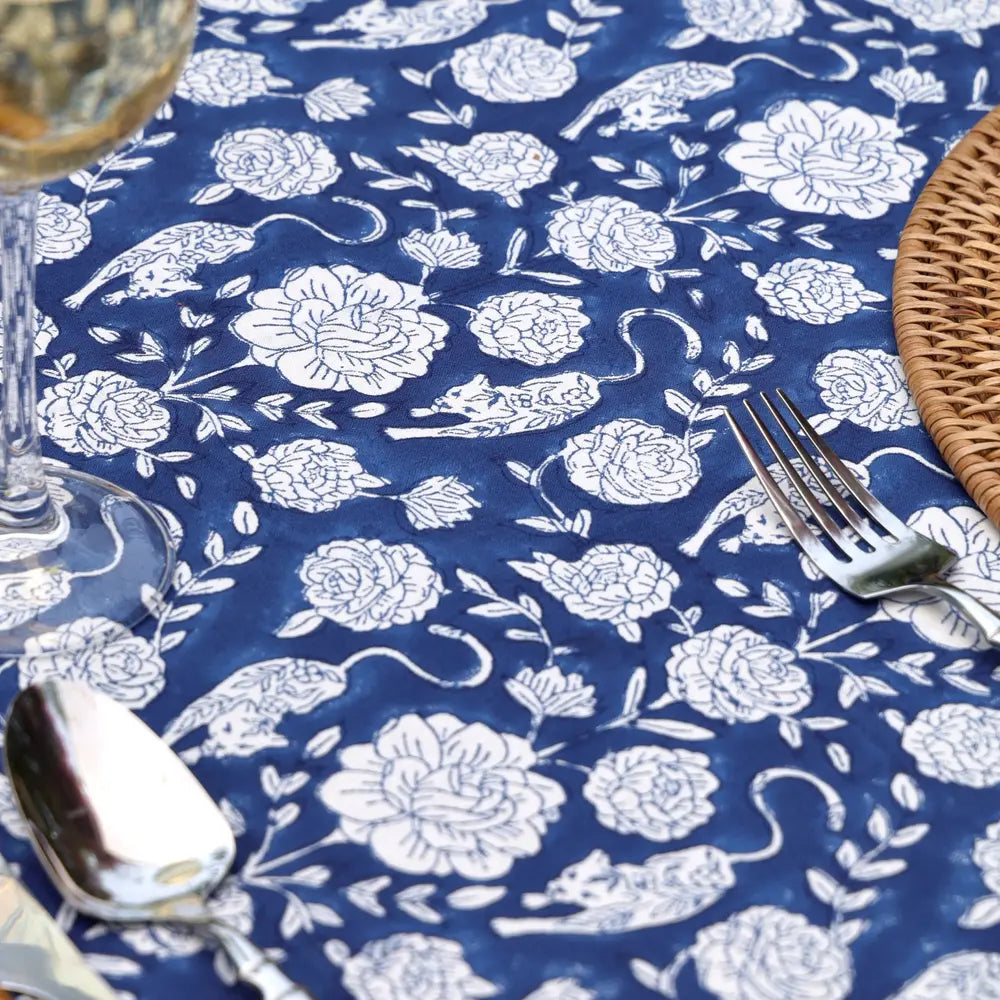 Wild Garden Navy block print tablecloth hand printed in India