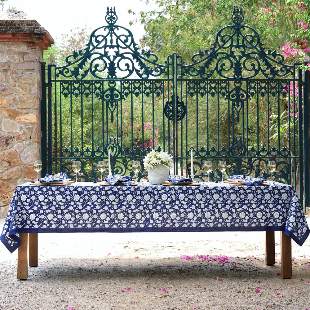 Wild Garden Navy block print tablecloth hand printed in India