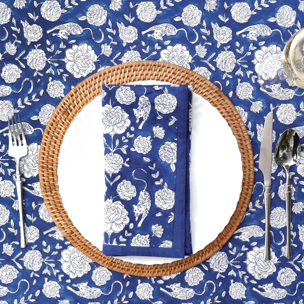 Wild Garden Navy block print tablecloth hand printed in India