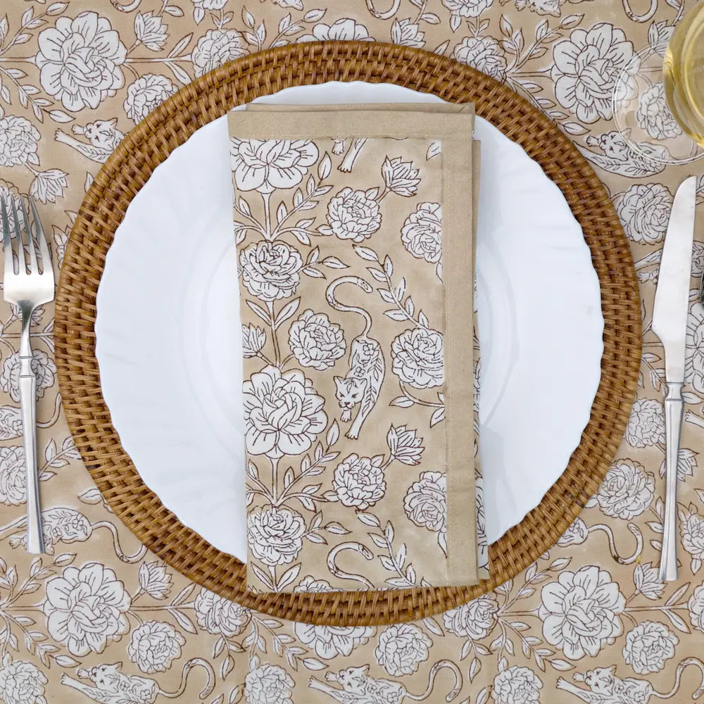 Wild Garden Warm Sand block print napkins set of 4 hand printed in India