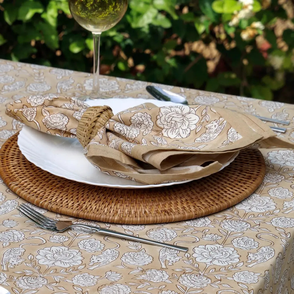 Wild Garden Warm Sand block print napkins set of 4 hand printed in India