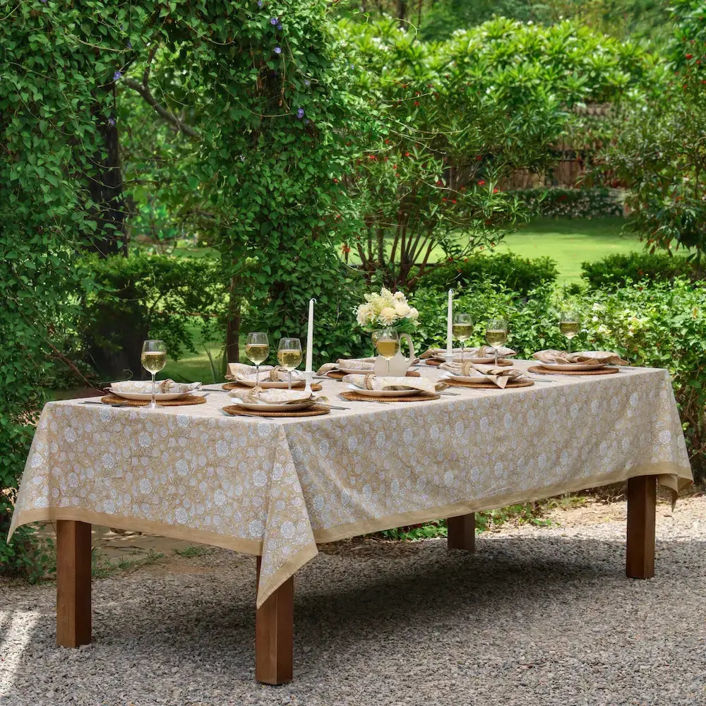 Wild Garden Warm Sand block print tablecloth hand printed in India