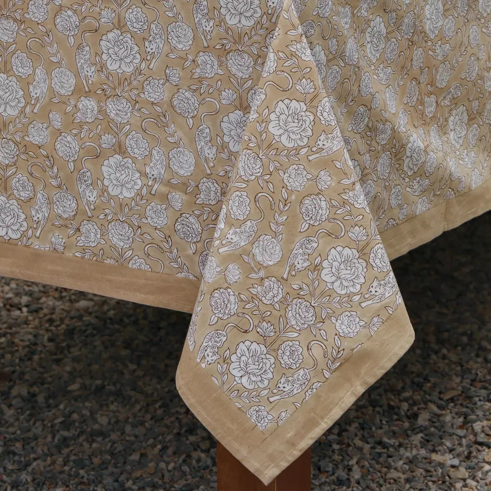 Wild Garden Warm Sand block print tablecloth hand printed in India