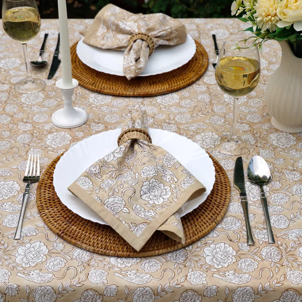 Wild Garden Warm Sand block print tablecloth hand printed in India