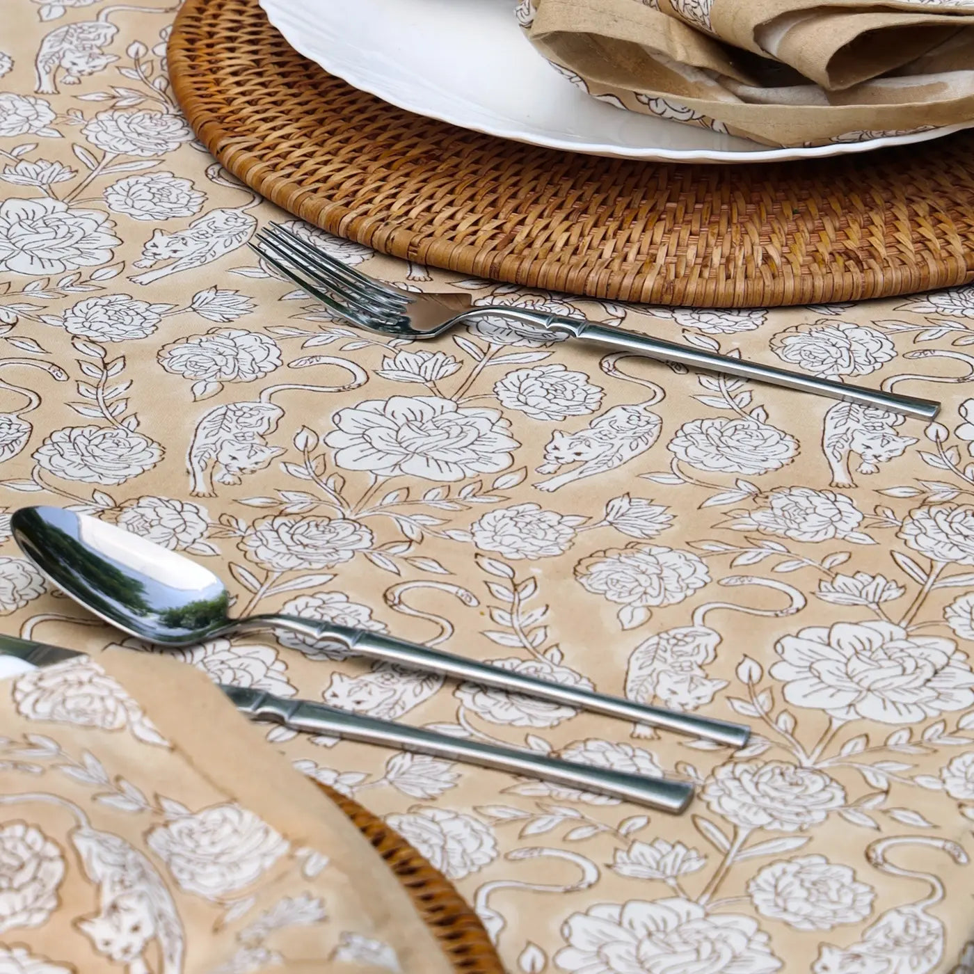Wild Garden Warm Sand block print tablecloth hand printed in India