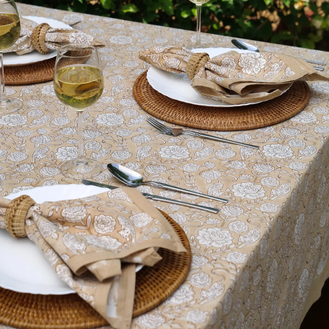 Wild Garden Warm Sand block print tablecloth hand printed in India