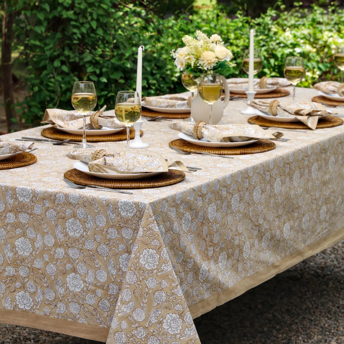 Wild Garden Warm Sand block print tablecloth hand printed in India