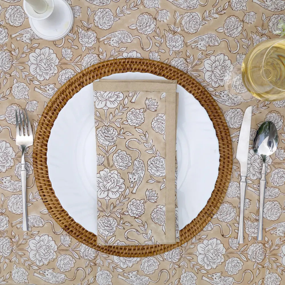 Wild Garden Warm Sand block print tablecloth hand printed in India